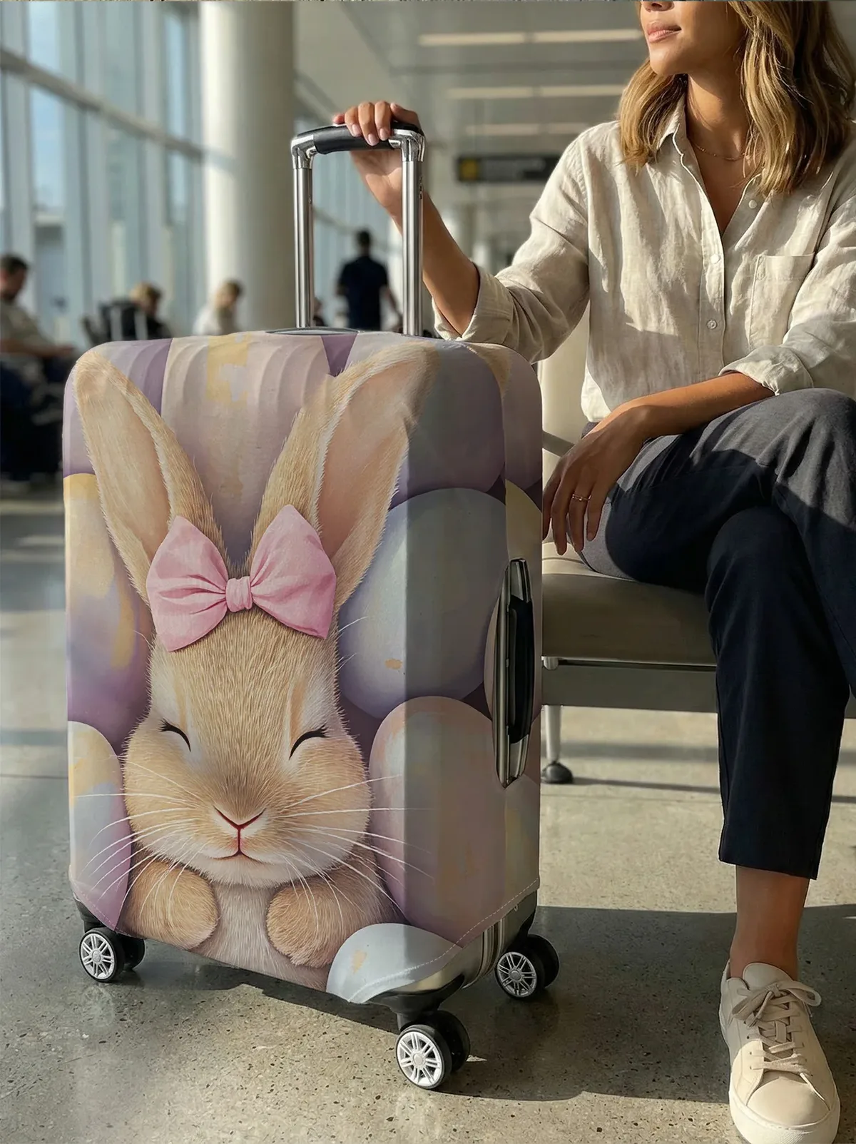 housse de bagage rose avec nœud et motif lapin, compatible avec les valises de 18 à 32 pouces, protège-poignée de valise, accessoires de voyage