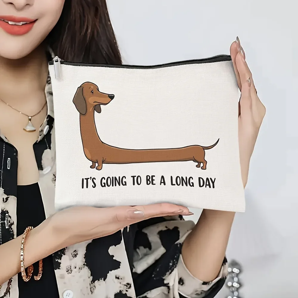 pochette zippée en toile avec citation « bonne nuit » et motif teckel rayé, sac à cosmétiques mignon avec imprimé chien de dessin animé pour les amoureux des chiens, trousse de toilette de voyage