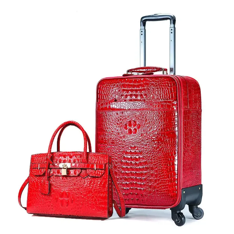 valise de luxe en cuir gaufré de crocodile de 20 pouces – bagage à main en cuir de vache de qualité supérieure avec ensemble de sacs à main pour voyage