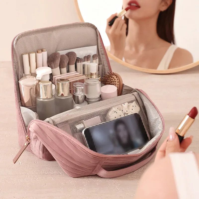 trousse de maquillage verticale, grande capacité, organisateur de cosmétiques portable, trousse de toilette de voyage avec poignée, étui à cosmétiques portable pour femmes