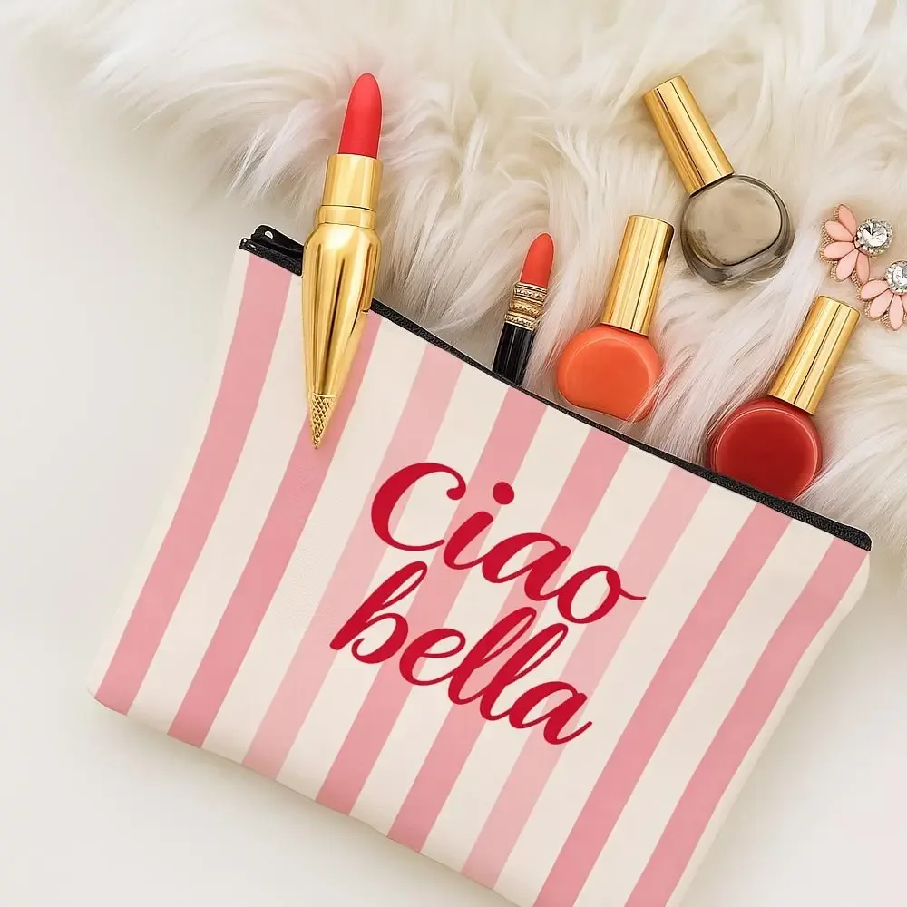 trousse de maquillage ciao bella à thème italien, double face, rayée rose et blanc, adaptée au style européen, pochette de rangement pour voyage