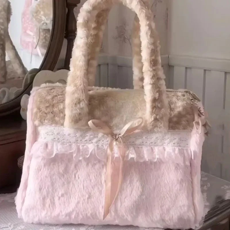 sac fourre-tout en peluche doux et mignon pour femmes, style ballet, dentelle, couleur contrastée, grande capacité, sacs à bandoulière, sacs à main polyvalents harajuku pour femmes