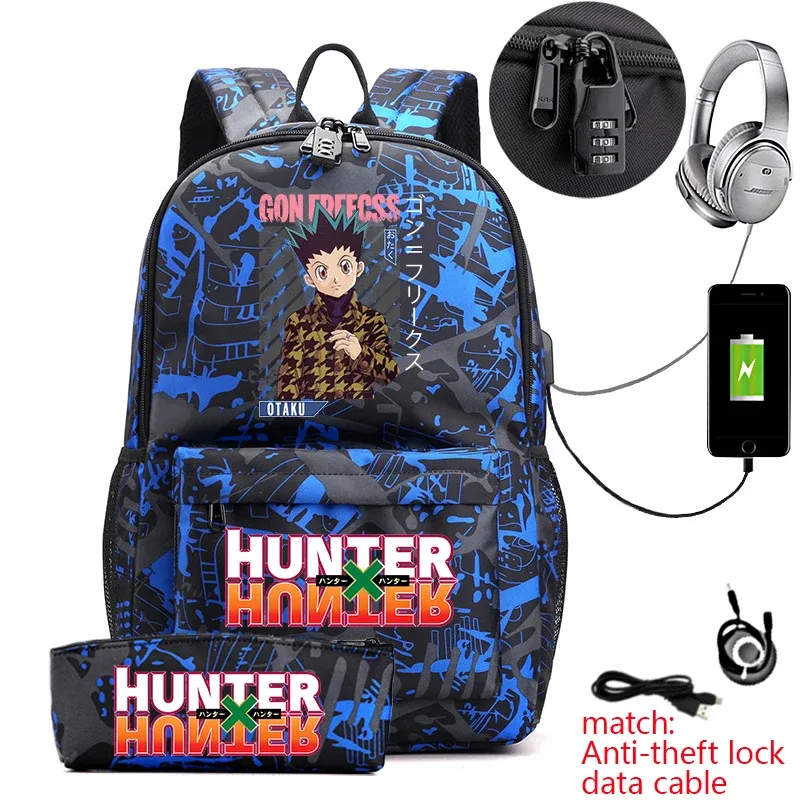 sac à dos hunter x hunter anime pour étudiants, sac à dos antivol décontracté avec trousse à crayons pour garçons et filles, sac d'école