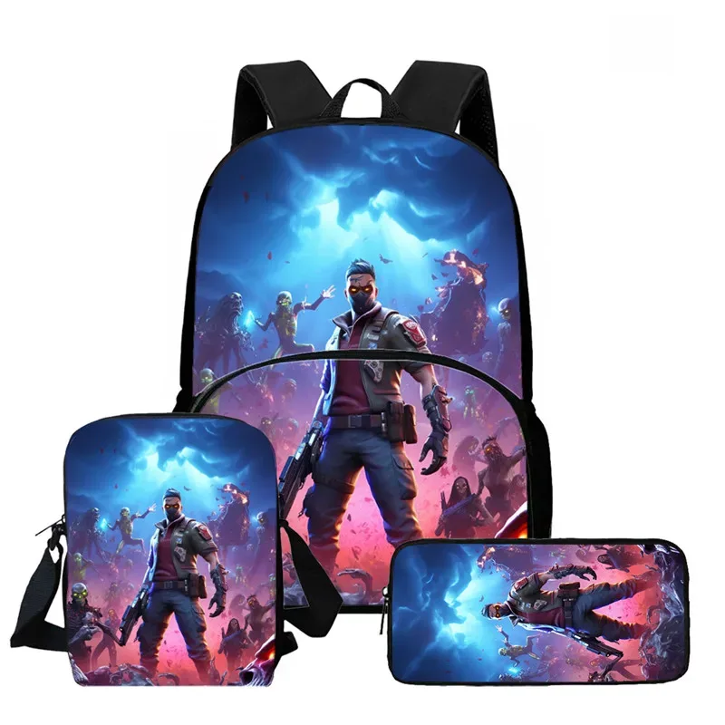 ensemble de 3 sacs à dos fortnite cartoon unisexe pour garçons et filles, sac à dos avec poche avant, sac bandoulière et trousse à crayons, meilleur cadeau