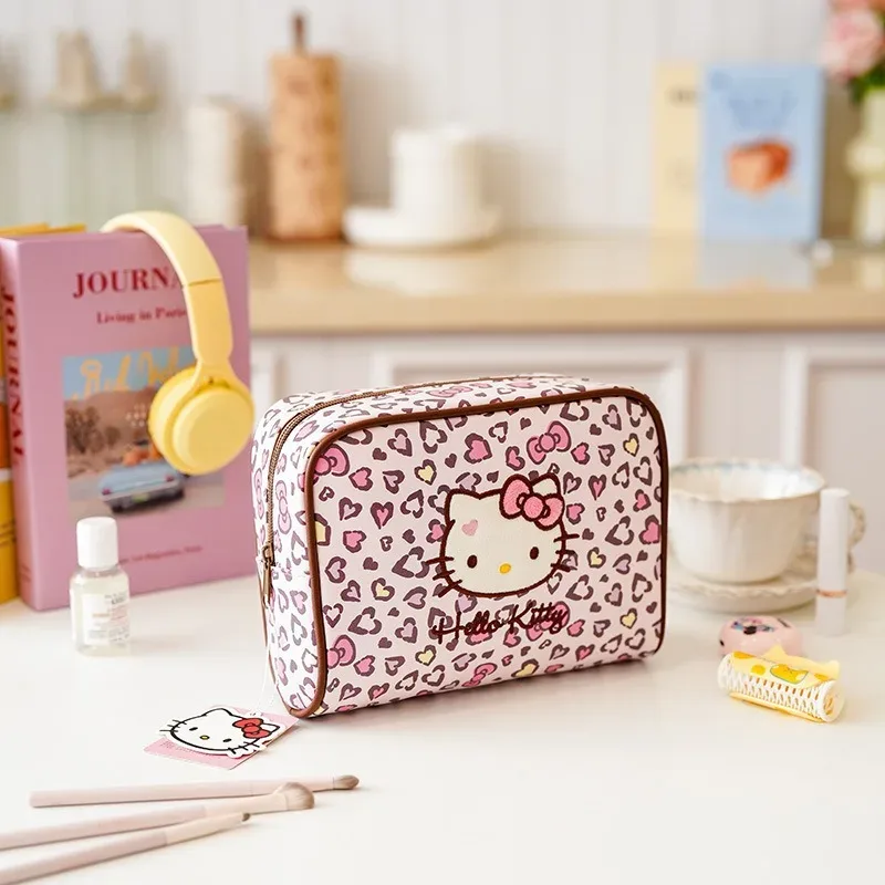 véritable trousse de maquillage hello kitty, trousse de maquillage kawaii à imprimé léopard, sac de rangement de grande capacité, sac de voyage portable.