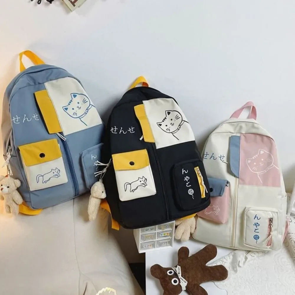 sac à dos chat de dessin animé mignon pour femme, sac à dos de voyage en nylon imperméable, cartable de grande capacité pour étudiants