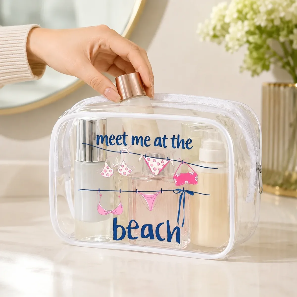 sac cosmétique transparent en pvc, organisateur de toilette, pochette de voyage à motif de plage, sac de rangement transparent, sac à médicaments, étui de beauté