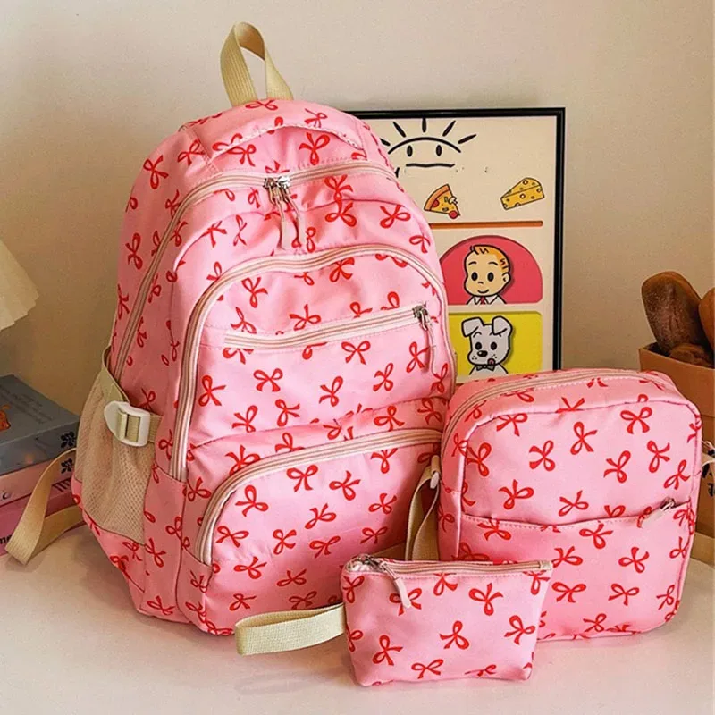 ensemble de 3 pièces de sac à dos mignon de grande capacité, mode coréenne, sac imprimé avec nœud, sacs en nylon, cartable d'étudiant, sac à dos de voyage à sangle réglable