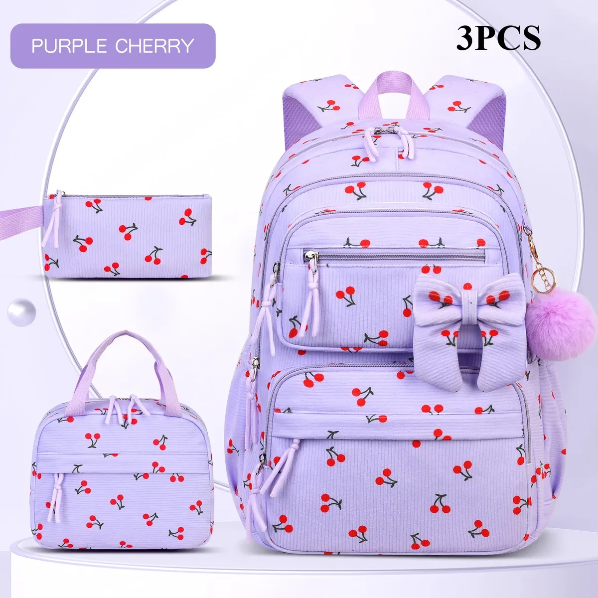 sac à dos en velours côtelé 3 pièces/ensemble, motif cerise, grande capacité, léger, pour filles