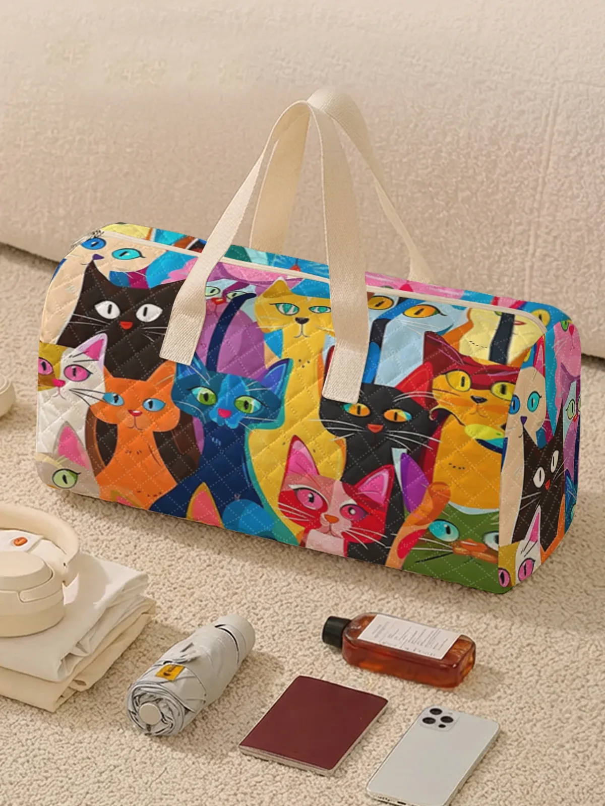 sac de sport imprimé chat de dessin animé coloré et mignon, 2 styles, sac à main portable adapté aux voyages de week-end, aux sports et aux courses, 1 pièce