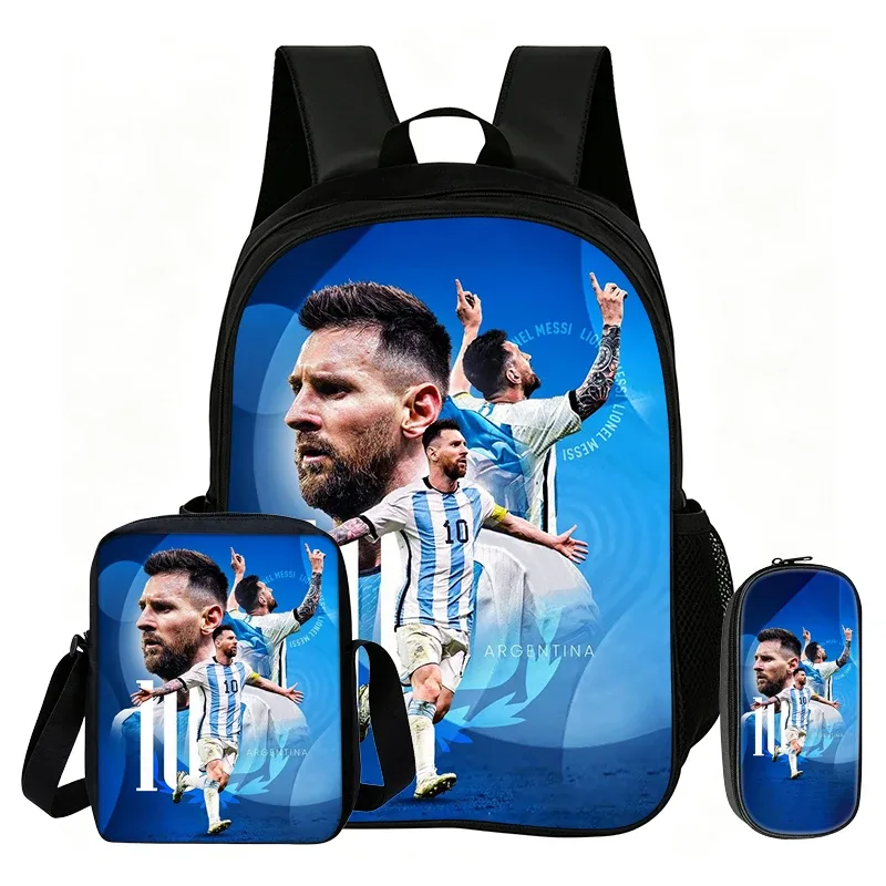 Ensemble de 3 pièces M-Messi pour enfants : Sac à dos scolaire, sac à bandoulière et trousse à crayons – Sac de sport football, sac à dos de star du football