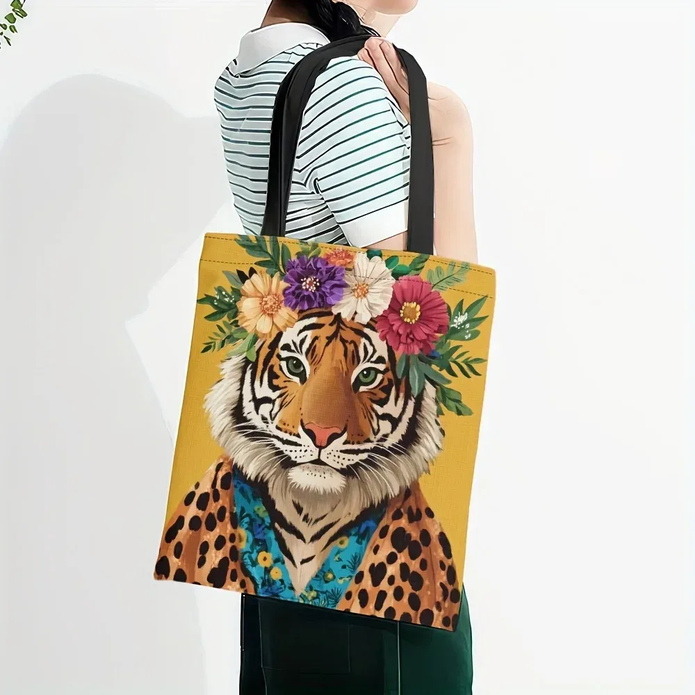 sac fourre-tout élégant à imprimé tigre et léopard avec motif couronne florale vibrante, idéal pour le shopping, les trajets quotidiens et les cadeaux de fêtes