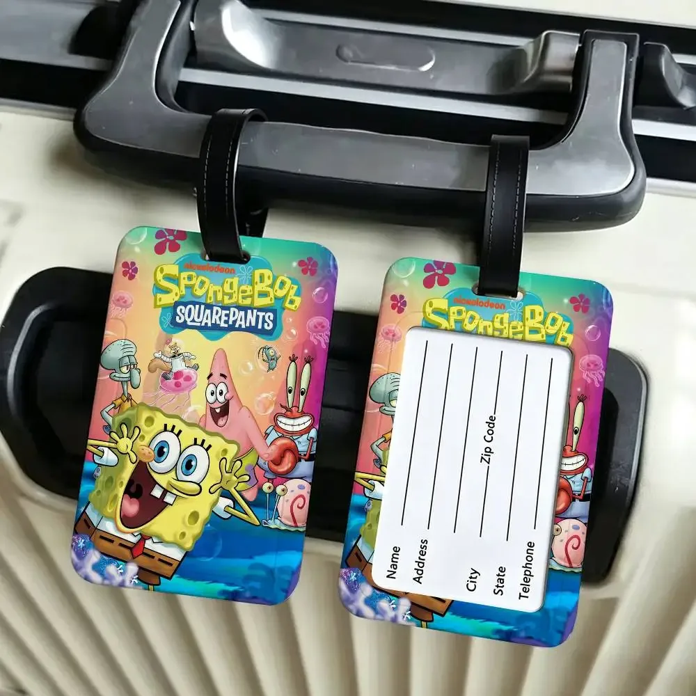 étiquette d'identification de bagage anti-perte en pvc, motif classique de dessin animé s-spongebob, avec porte-carte d'informations amovible, étiquette de bagage de voyage.