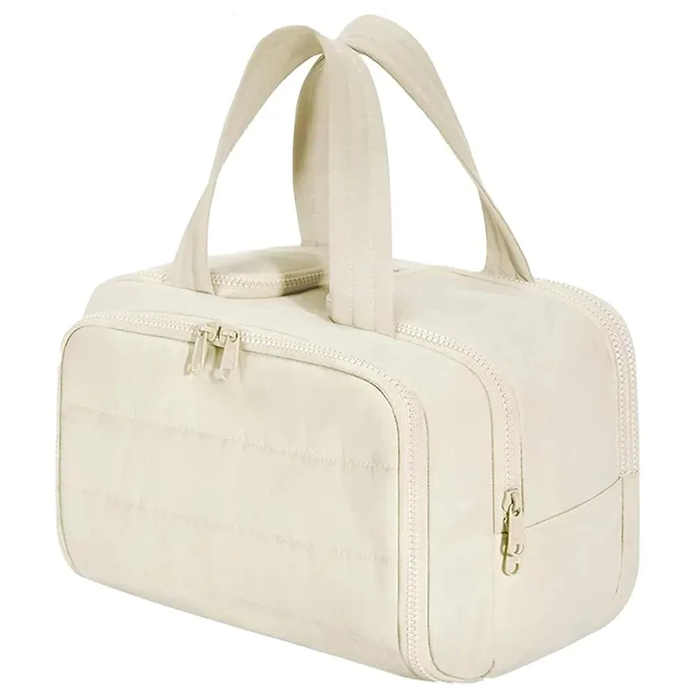 grande trousse de maquillage de voyage 180 °   organisateur de toilette à large ouverture, trousse à cosmétiques rembourrée résistante à l'eau avec poignée pour bouteilles pleines grand format