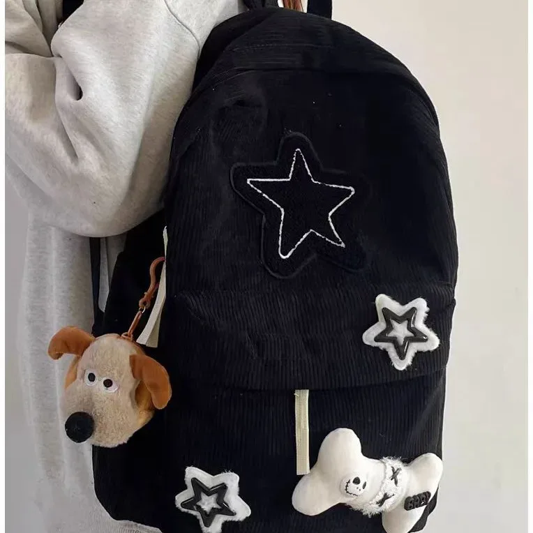 sac à dos d'école de grande capacité pour adolescentes y2k, sac à dos pour ordinateur portable à motif d'étoile pour filles, sac à dos en velours côtelé, sac à bandoulière à double sangle