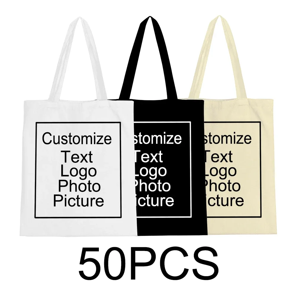 50pcs bricolage personnel personnalisé sac fourre-tout Shopping ajouter votre Logo imprimer conception originale voyage toile sacs à bandoulière femmes sacs à main