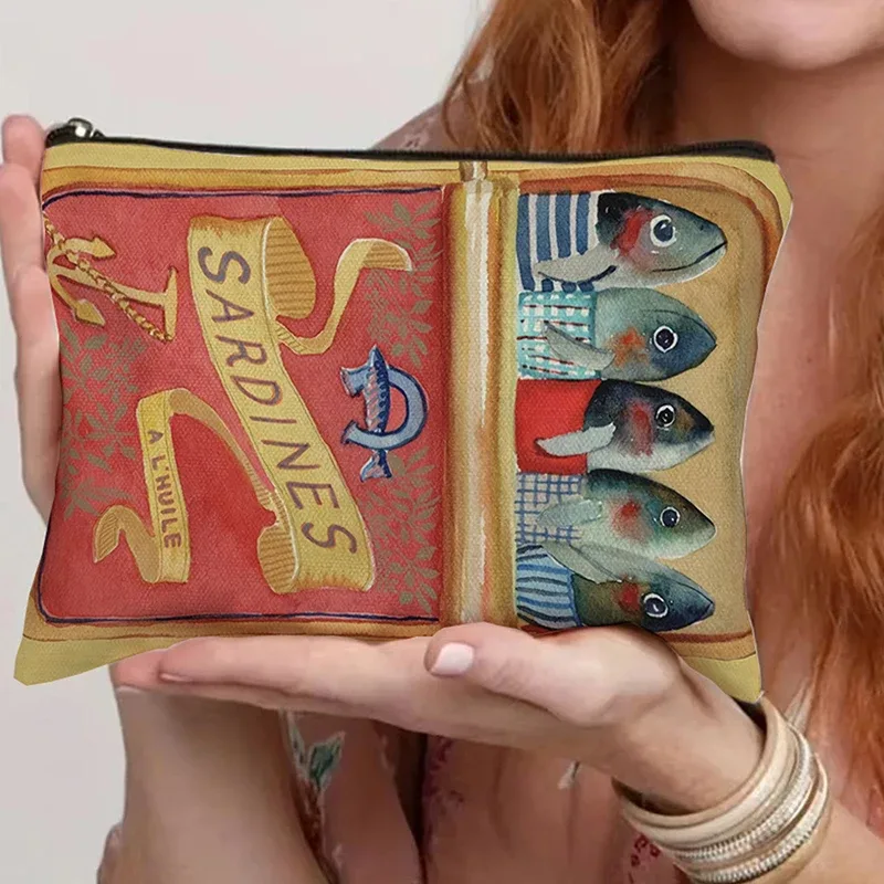 sac à cosmétiques en toile vintage, trousse de maquillage simple de grande capacité, pochette de voyage pour femmes, trousse de toilette rétro, design d'huile d'olive de sardines