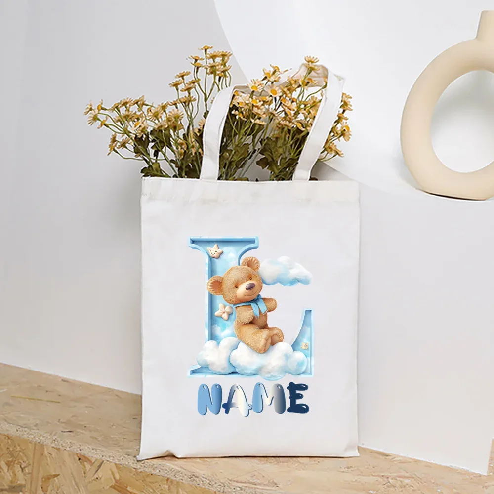 sacs fourre-tout en toile college nuage ours et alphabet personnalisés, sacs à main personnalisés de grande capacité, cadeaux de portabilité pour la rentrée scolaire