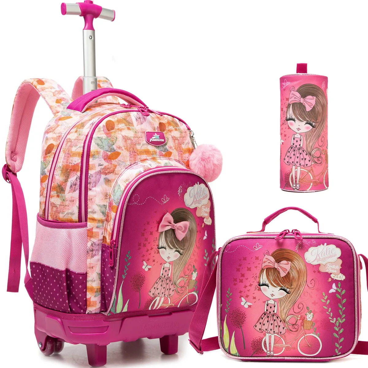 ensemble de 3 sacs à dos roulants élégants pour filles, parfaits pour les filles, avec bagages à roulettes, sac à déjeuner, trousse à crayons pour les voyages scolaires