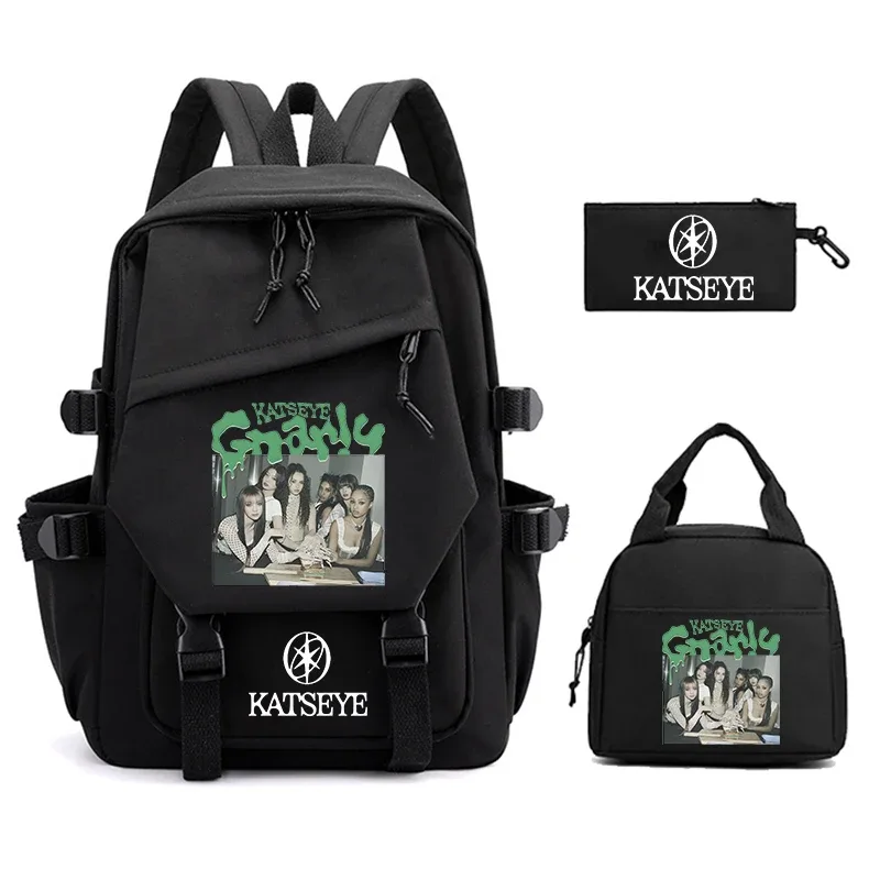 sac à dos imprimé katseye pour femmes, 3 pièces/ensemble, sac à déjeuner pour étudiants, trousse à crayons, sac d'école léger, sac à dos d'extérieur pour ordinateur portable
