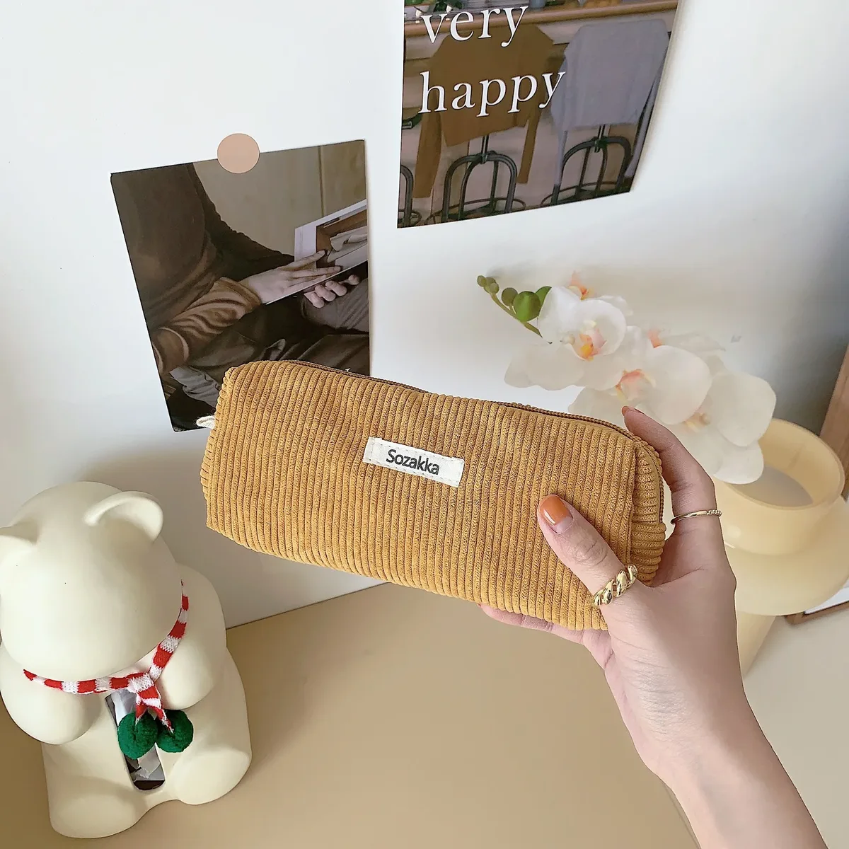 sac à stylos rétro en velours côtelé de couleur unie, boîte à crayons pour étudiants, pochette à crayons, sacs à cosmétiques pour femmes, sac de maquillage, sac de rangement pour clés et rouges à lèvres