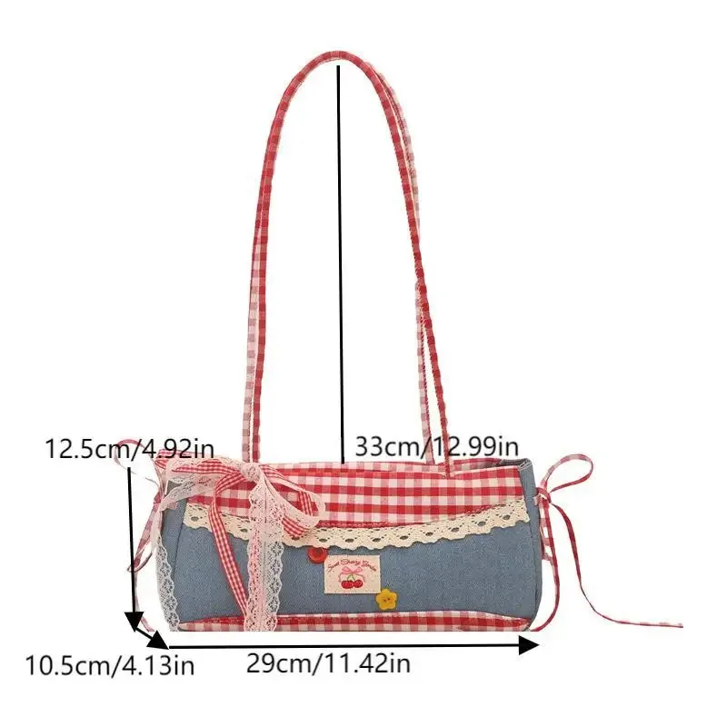 sacs à bandoulière en dentelle à carreaux pour femmes, sac sous les bras en patchwork de style collégial pour filles, design plissé simple, sacs à main féminins
