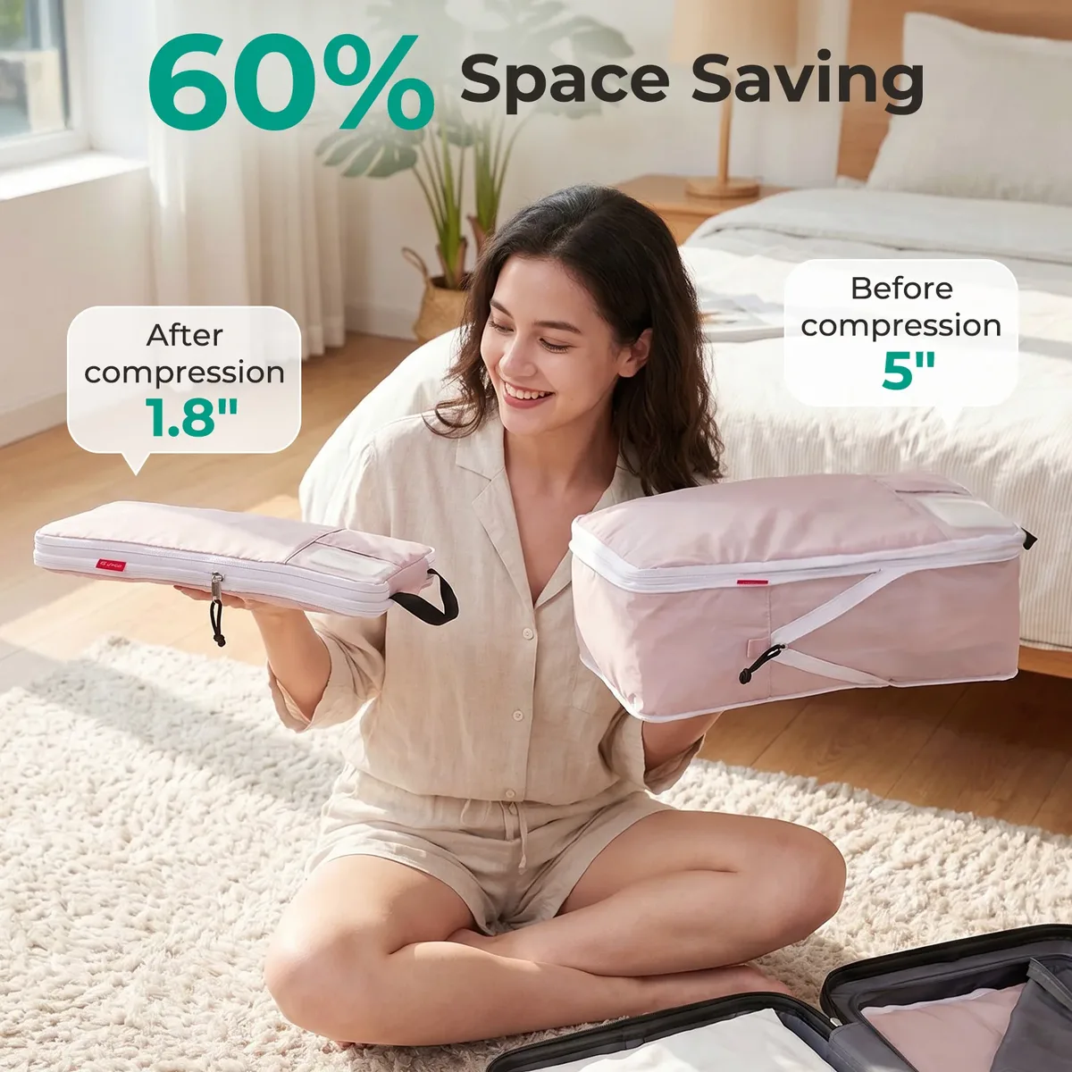 cubes de compression bagsmart avec oreiller de voyage, 6 pièces, sacs de rangement de voyage durables, résistants aux déchirures, en tissu lavable, avec fente pour carte