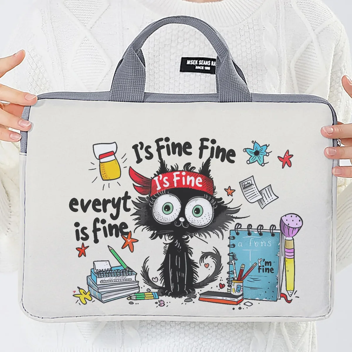 ensemble unique, deux styles, sacoche pour ordinateur portable et porte-documents à motif de chat noir, adapté aux ordinateurs portables de 14 pouces.