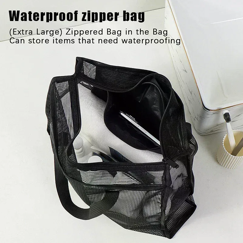 sac de rangement portable pour douche corporelle, lavage de voyage ; pochette cosmétique de maquillage en maille de grande capacité ; sacs à main de toilette polyvalents.