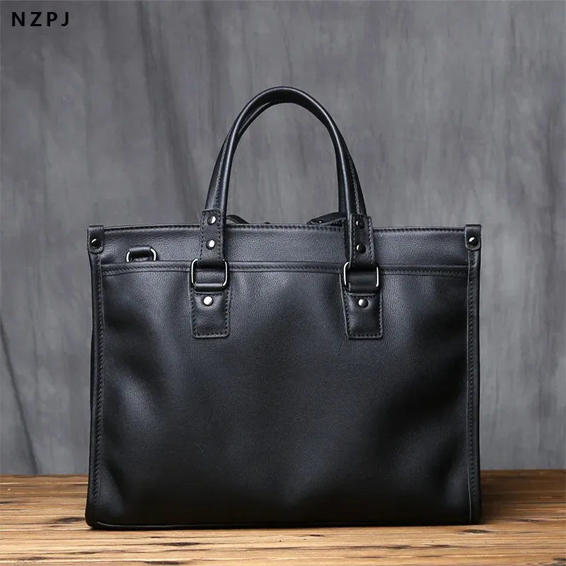 nzpj – mallette en cuir véritable pour hommes, sac à main en cuir de vachette naturelle, sac d'affaires décontracté, sac à bandoulière pour ordinateur portable 16 pouces