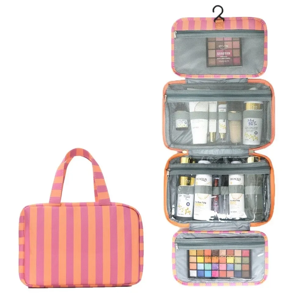 sac de toilette de voyage portable à suspendre, organisateur de cosmétiques à 4 compartiments rayés avec crochet, sac de cosmétiques de grande capacité pour voyage