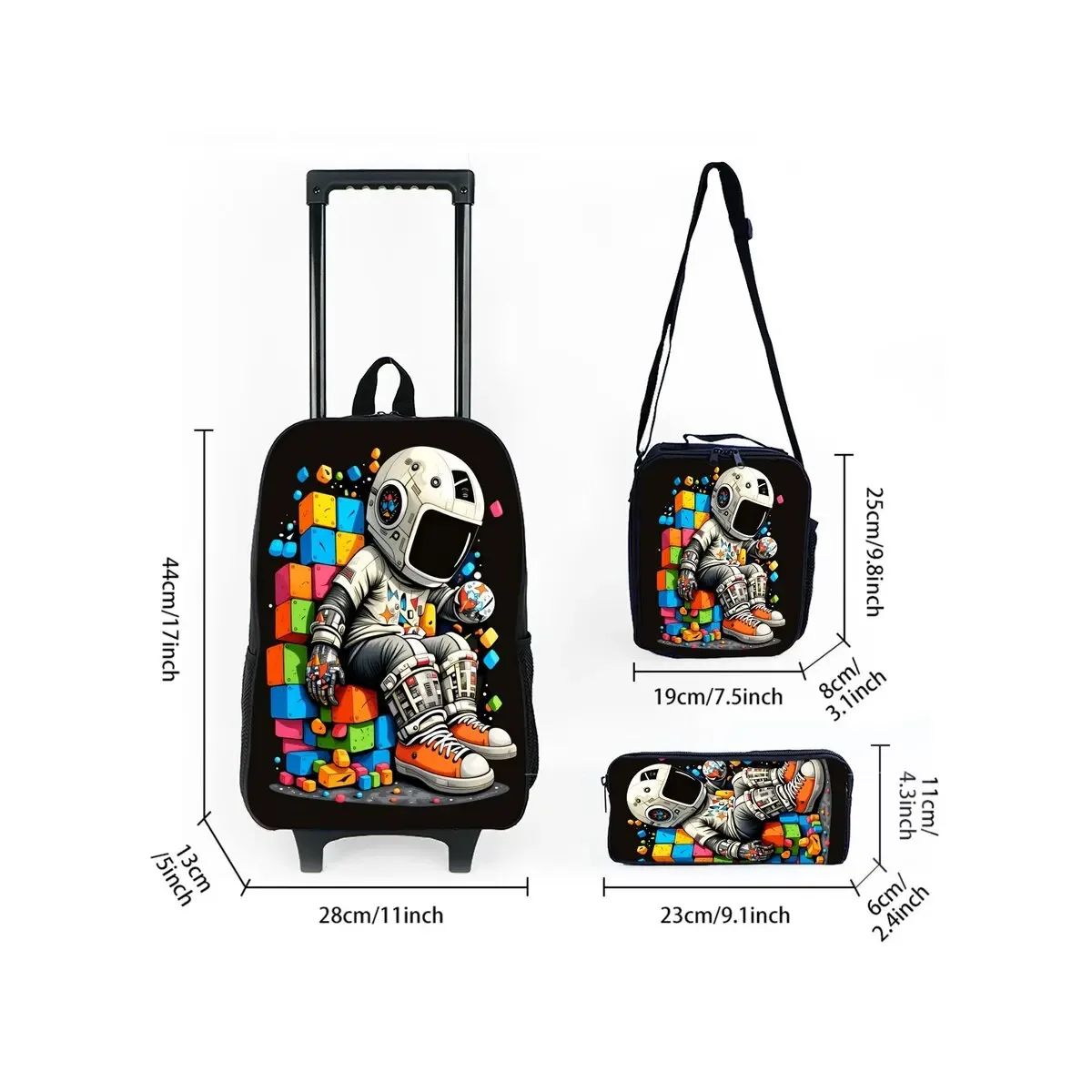 Ensemble de sacs à roulettes à imprimé spatial d'astronaute avec boîte à lunch, trousse à crayons, sac à roulettes pour l'école, sac à dos pour fille/garçon