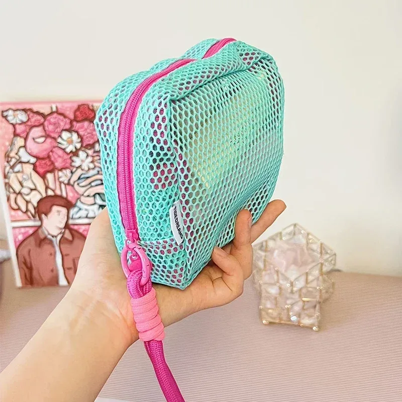 sac de rangement cosmétique carré portable avec fermeture éclair, sac de rangement polyvalent pour articles divers, sac cosmétique en maille légère et élégante