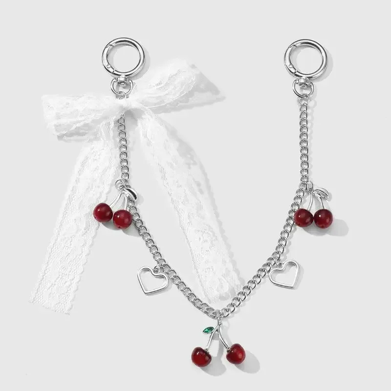 porte-clés en dentelle avec nœud cerise et fraise pour femmes, sacoche tendance, chaîne, pendentif de sac mignon, accessoires de décoration, cadeau
