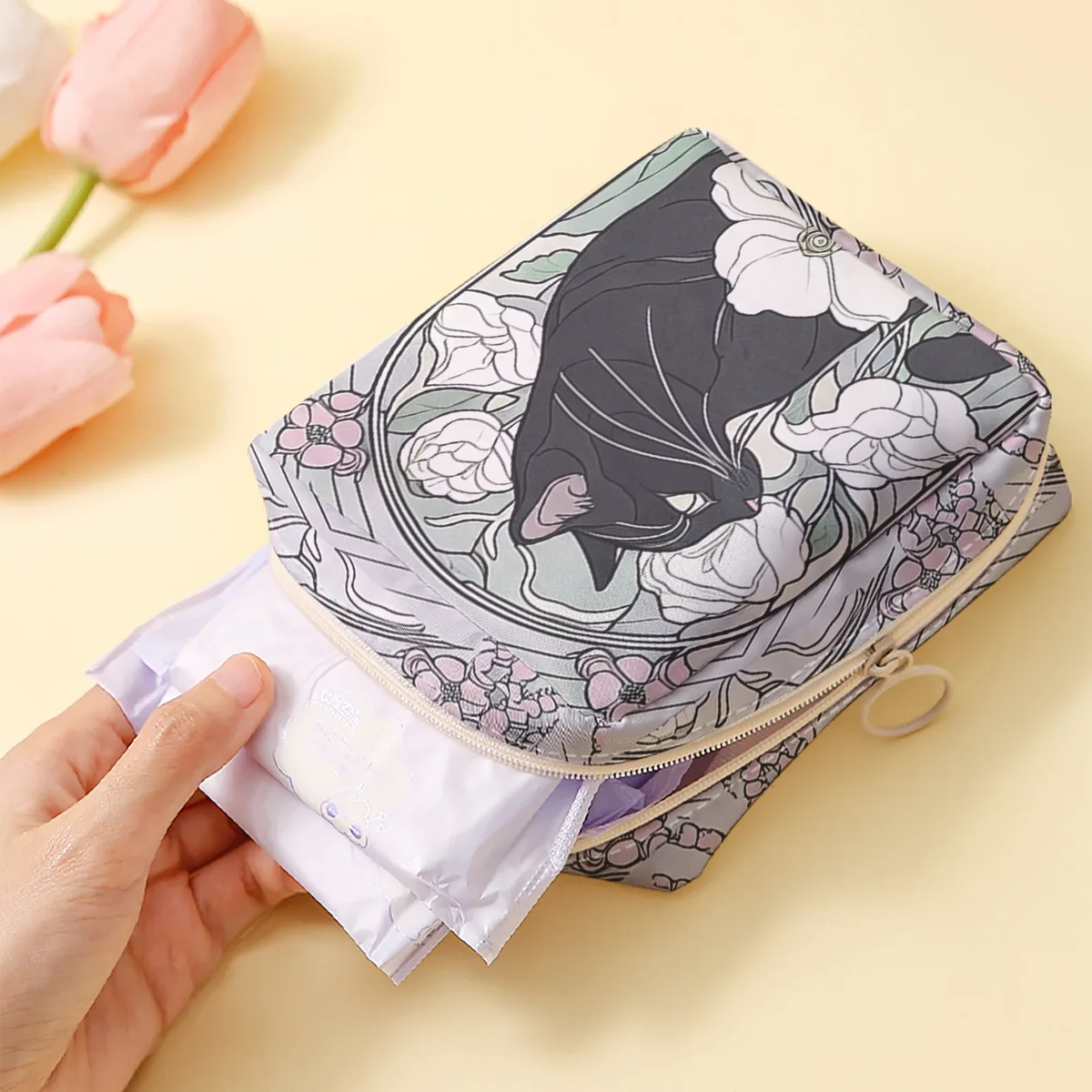1 sac de rangement pour serviettes hygiéniques imprimé motif chat, sac léger pour mouchoirs pour femmes, sac pour mouchoirs hygiéniques