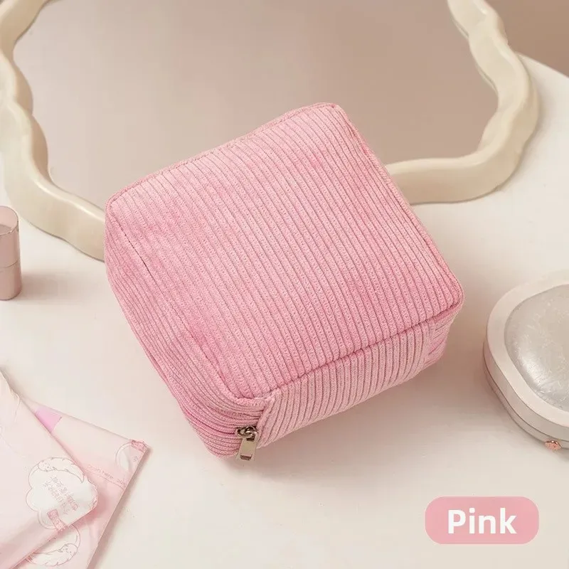 sac de maquillage mignon en velours côtelé pour femmes, petit sac de voyage portable, sacs cosmétiques de couleur unie, sac de toilette à fermeture éclair, pochette de rangement