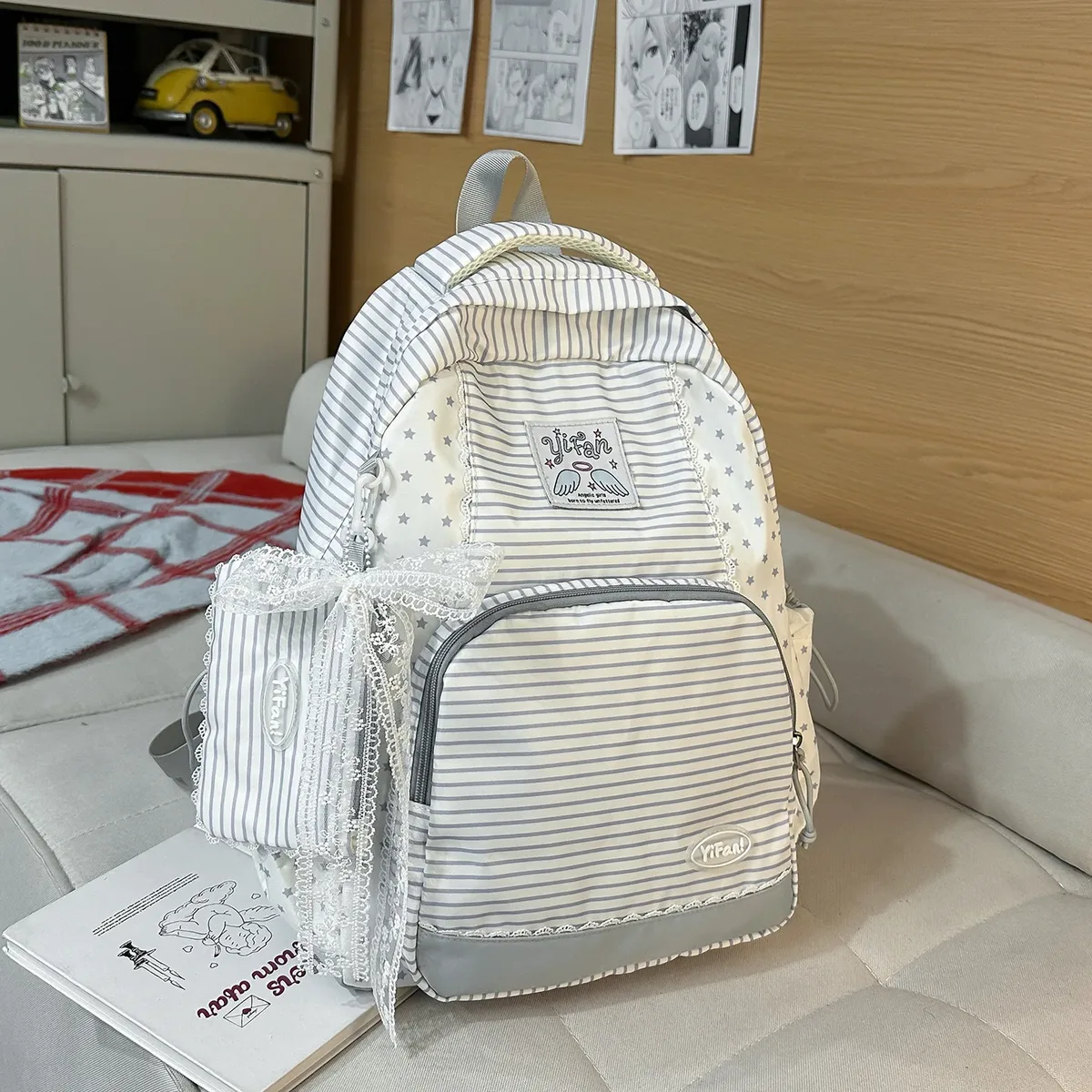 cartable d'étudiant mignon rayé et en forme d'étoile, pendentif de porte-monnaie mignon pour les déplacements et l'extérieur, sac à dos léger de voyage