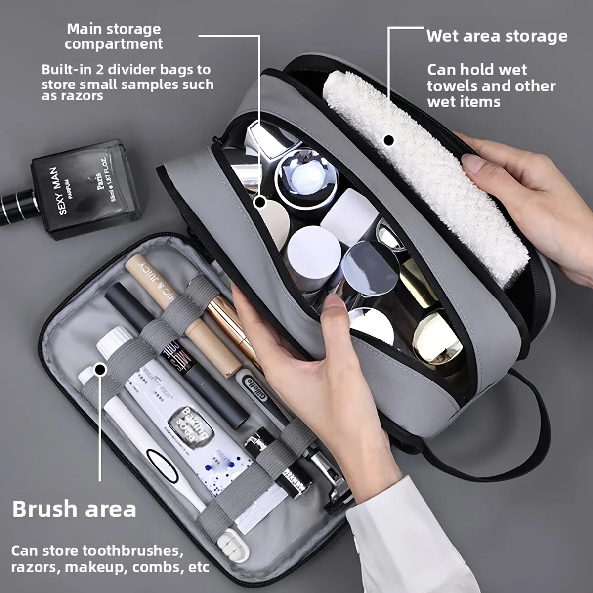 sac de rangement de cosmétiques double couche pour hommes, sac de maquillage et de beauté portable à fermeture éclair, sacs de rangement de produits de toilette de voyage d'affaires