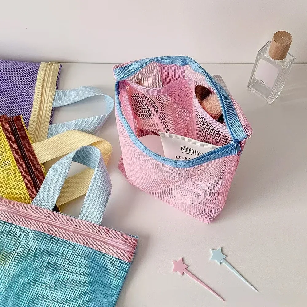 Trousse de Toilette de Voyage Grande Capacité en Maille, Pochette de Plage et de Natation Couleur Macaron, Organisateur de Maquillage Respirant, Sac Humide pour Femmes