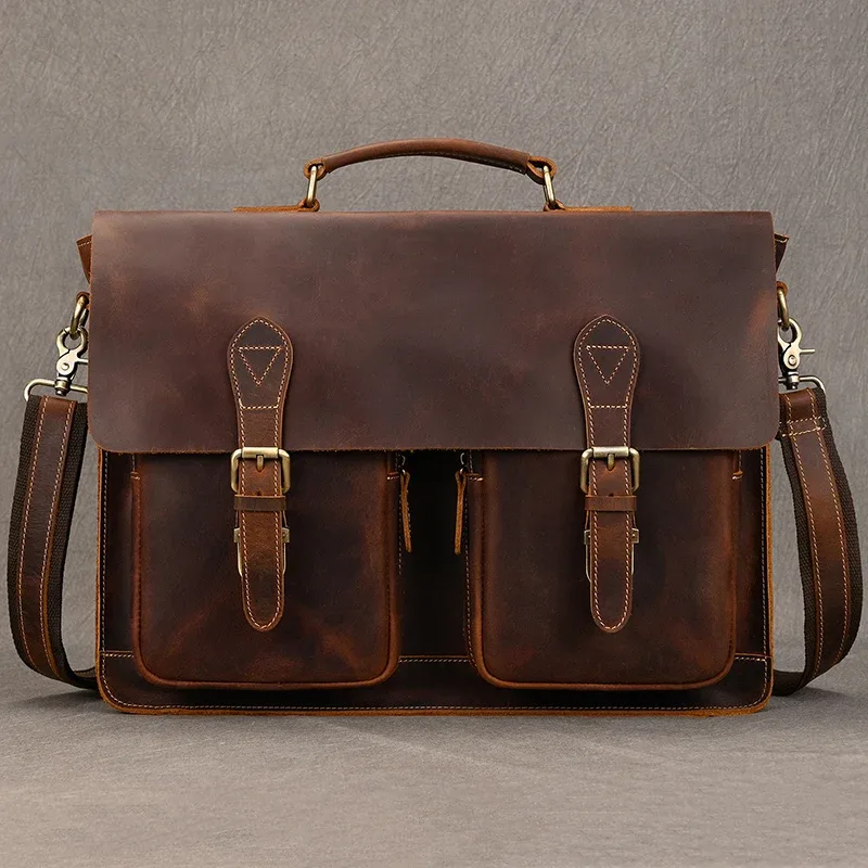 sac d'ordinateur en cuir de vachette véritable pour homme, sac pour ordinateur portable, étui à bombes, 100% cuir véritable, mode vintage, luxe, 15.6"