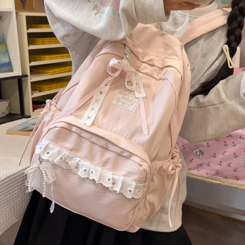 sac à dos élégant pour étudiantes, multi-poches, avec nœud en dentelle, pour le campus, décontracté, avec nœud papillon, pour livres, pour filles, pour le shopping et les sorties