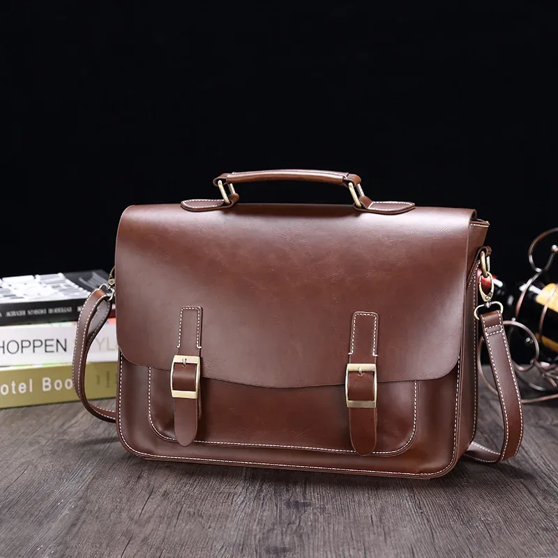 porte-documents pour hommes crazy horse en cuir pu vintage étudiant sacoche école bureau fourre-tout sac à main épaule affaires épaule sac pour femmes
