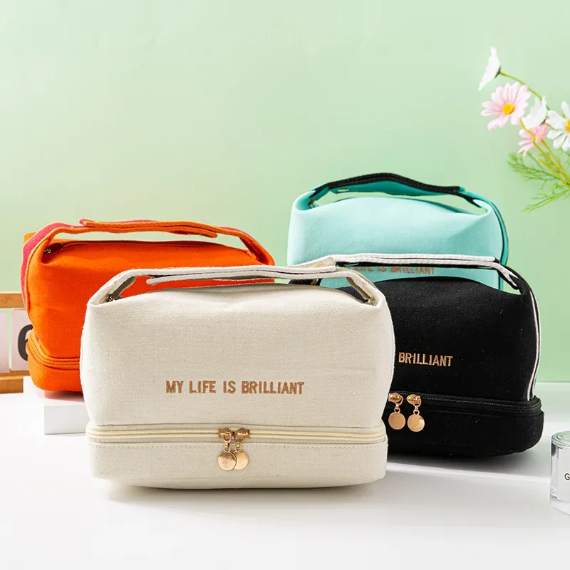 ins-sac à cosmétiques étanche double couche pour femme, fourre-tout de grande capacité, sac de voyage en toile portable, trousse de rangement pour maquillage, mode
