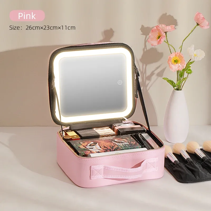 trousse de voyage pour maquillage avec miroir éclairé par led, 3 réglages réglables de couleur, trousse de maquillage de voyage avec séparateurs réglables,