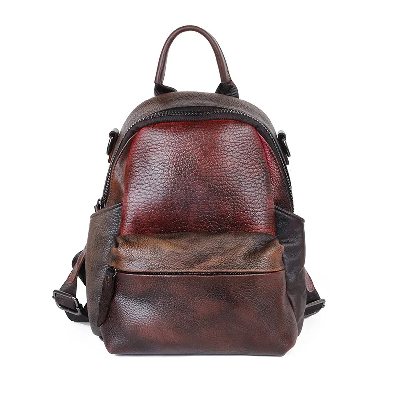 sacs à dos vintage patchwork en cuir véritable pour femmes, sac à bandoulière de voyage, sac d'école, rétro couleur à carreaux, poches fonctionnelles