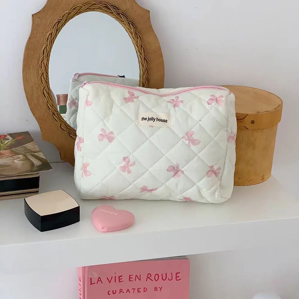 sac de rangement cosmétique en coton matelassé pour femme, nœud simple, sac à main d'évaluation de maquillage rouge à lèvres, sacs à fermeture éclair de grande capacité, mignon, nouveau