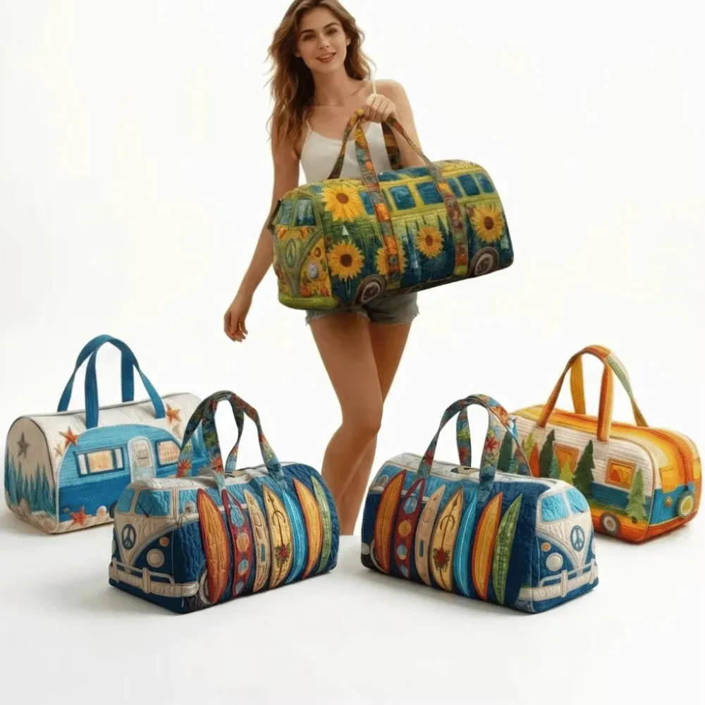 sac de voyage matelassé 3d tendance, motif bus, grande capacité, sac à main rétro bohème, sac de sport robuste pour les sorties quotidiennes