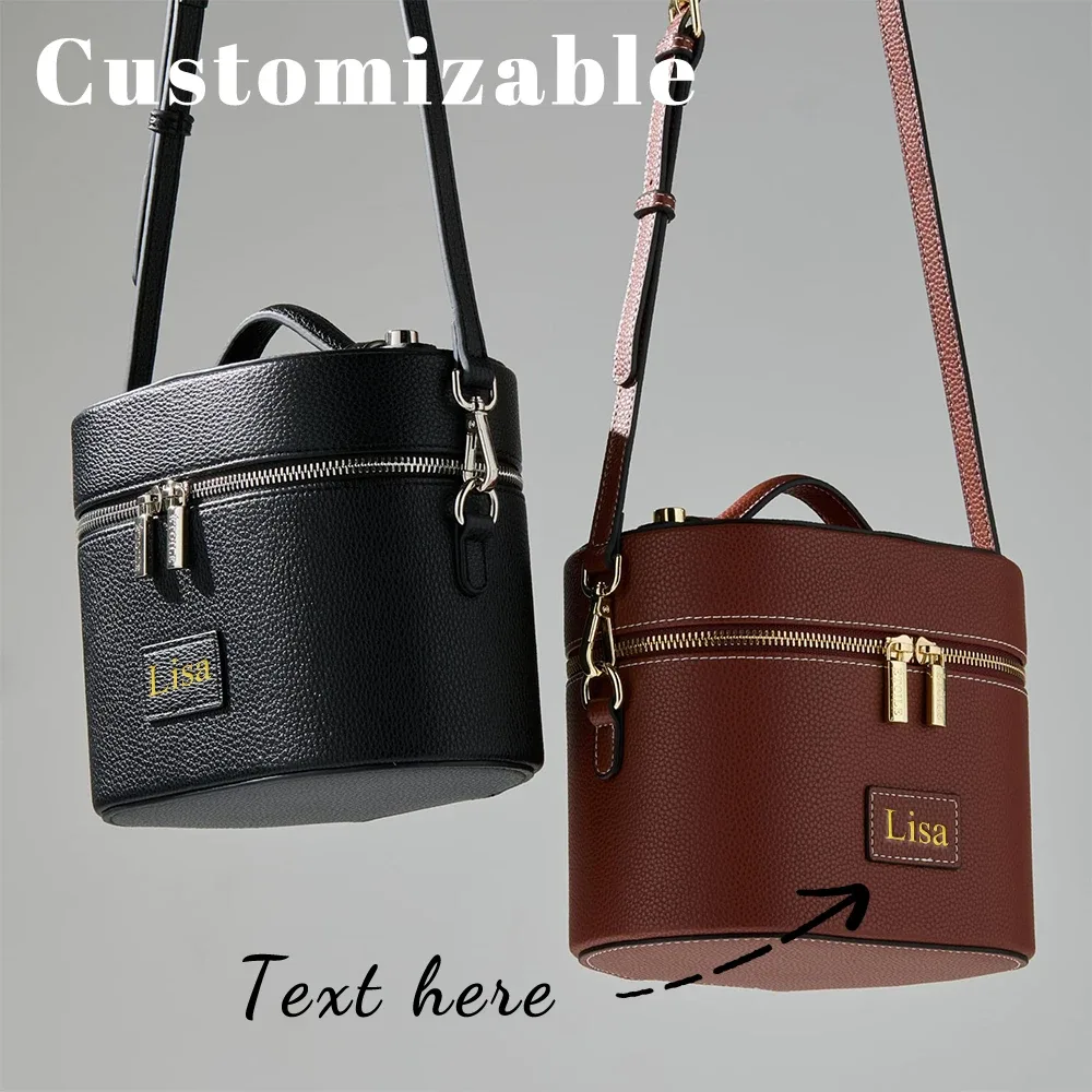 Sac cosmétique en cuir PU personnalisé avec nom : simple, portable, bandoulière, à porter à la main, grande capacité pour les voyages