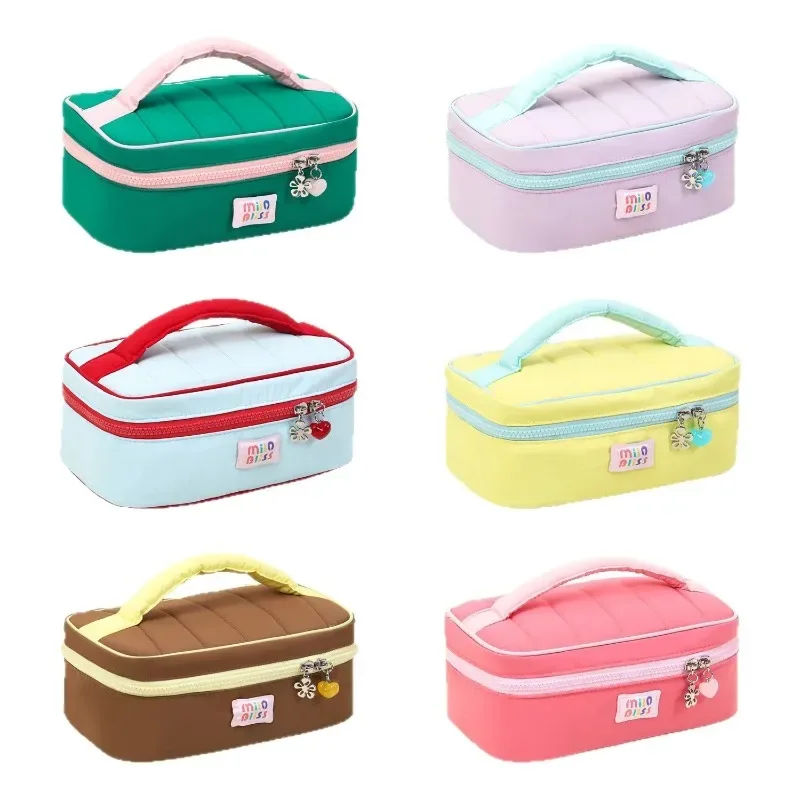 nouvelle trousse de maquillage et de soins de la peau portable de grande capacité, style coréen, trousse cosmétique à main, trousse de toilette de voyage mignonne avec blocs de couleurs