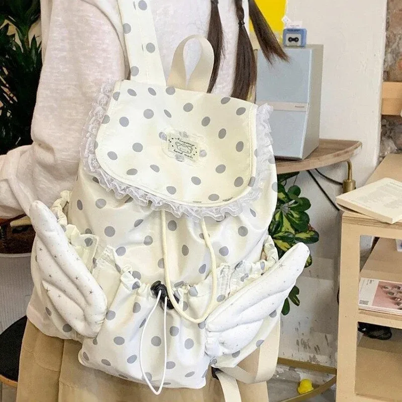 sac à dos à pois tendance grande capacité avec cordon de serrage, sac d'école pour étudiants, design ailes d'ange, sac à dos décontracté pour femme, idéal pour les voyages et le quotidien